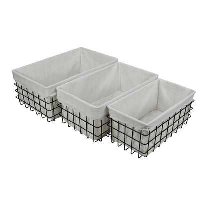 Set Of 3 Rectangular White Fabric Lined Metal Wire Baskets