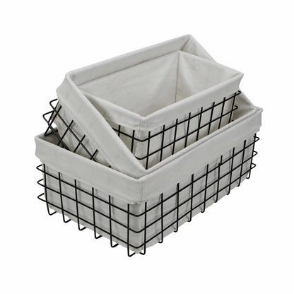 Set Of 3 Rectangular White Fabric Lined Metal Wire Baskets