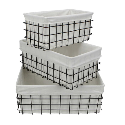 Set Of 3 Rectangular White Fabric Lined Metal Wire Baskets
