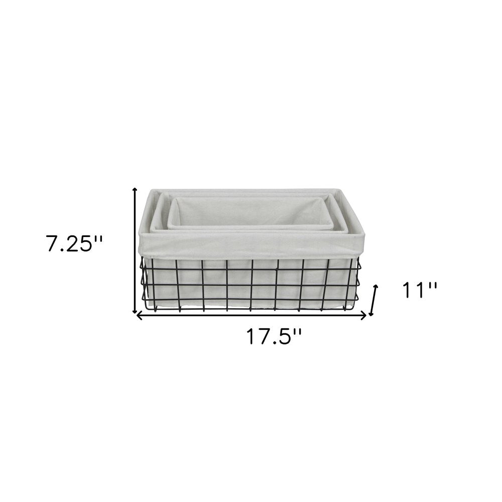 Set Of 3 Rectangular White Fabric Lined Metal Wire Baskets