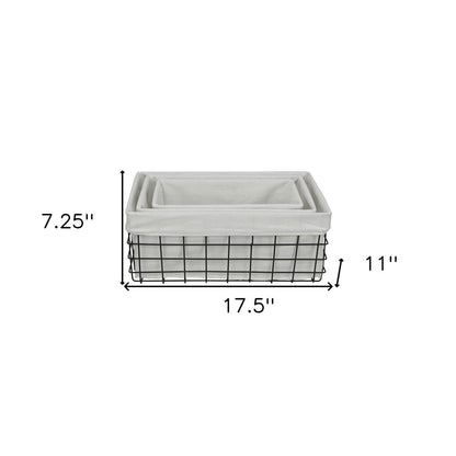 Set Of 3 Rectangular White Fabric Lined Metal Wire Baskets