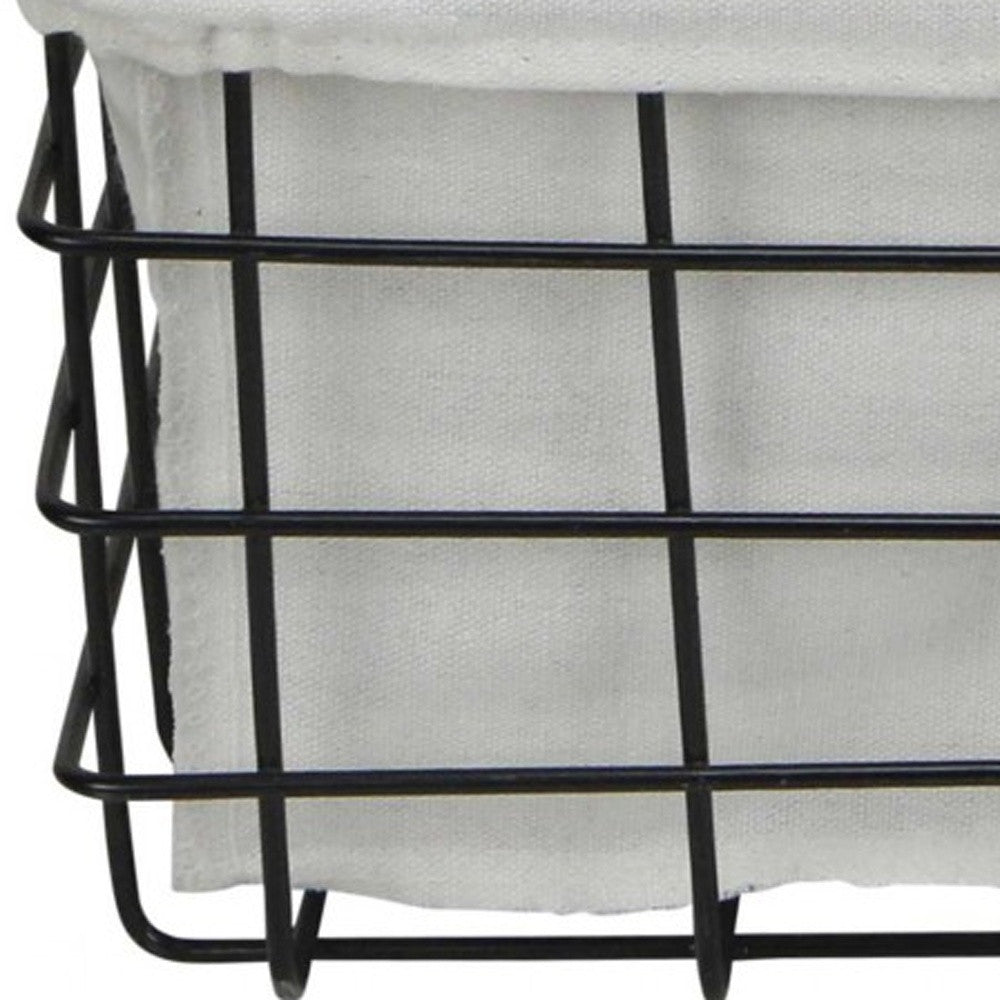 Set Of 3 Rectangular White Lined And Metal Wire Baskets