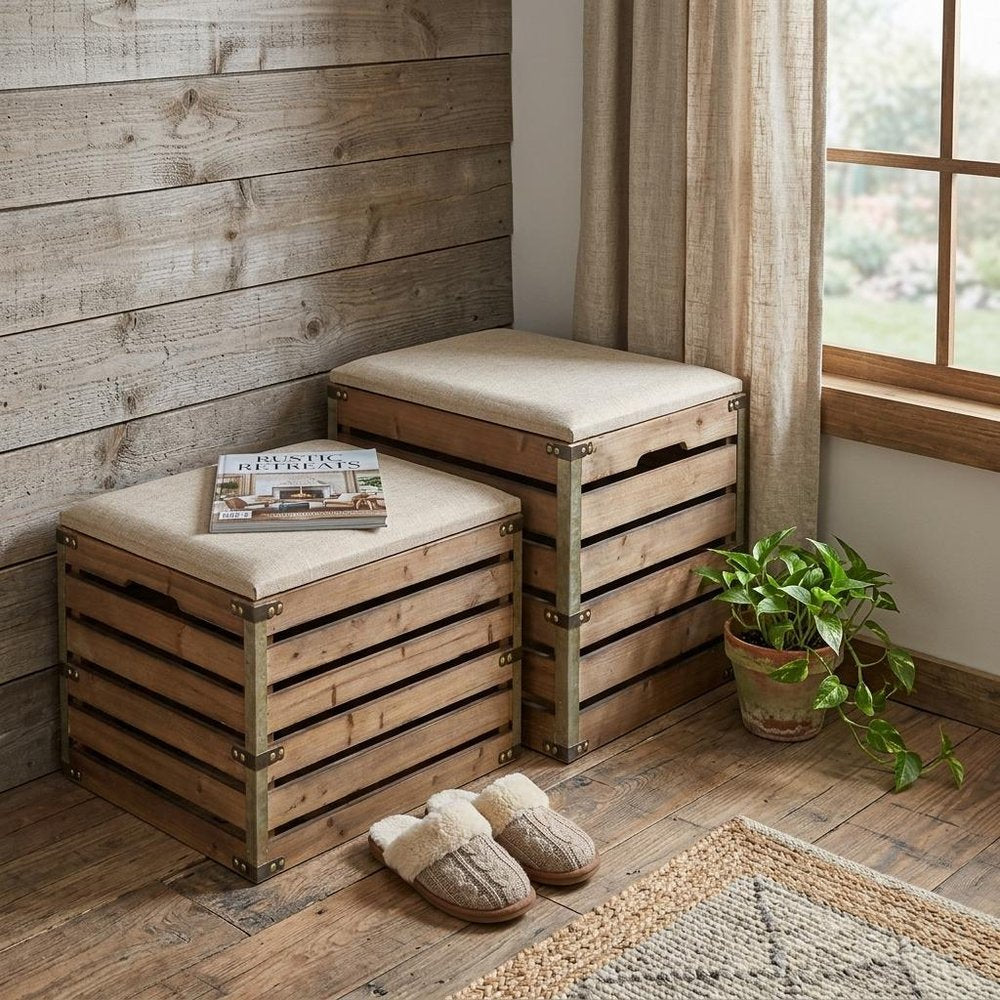 Set of Two 24" Brown Linen And Solid Wood Upholstered Storage Entryway Stool With Flip Top