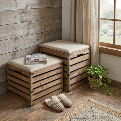 Set of Two 24" Brown Linen And Solid Wood Upholstered Storage Entryway Stool With Flip Top