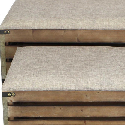 Set of Two Brown Wood Slat and Upholstery Storage Benches With Flip Top