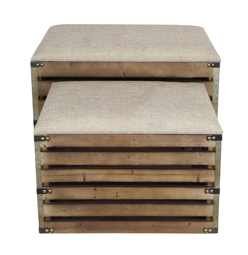 Set of Two 24" Brown Linen And Solid Wood Upholstered Storage Entryway Stool With Flip Top