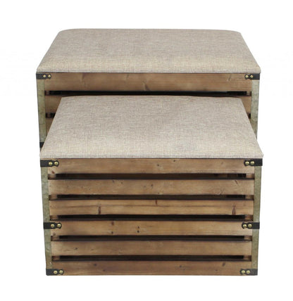 Set of Two 24" Brown Linen And Solid Wood Upholstered Storage Entryway Stool With Flip Top