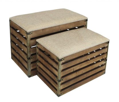 Set of Two 24" Brown Linen And Solid Wood Upholstered Storage Entryway Stool With Flip Top