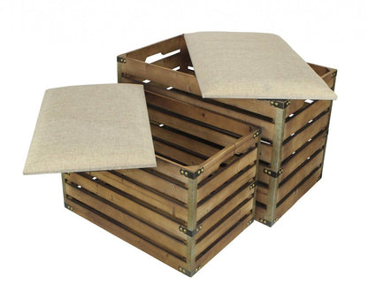 Set of Two 24" Brown Linen And Solid Wood Upholstered Storage Entryway Stool With Flip Top