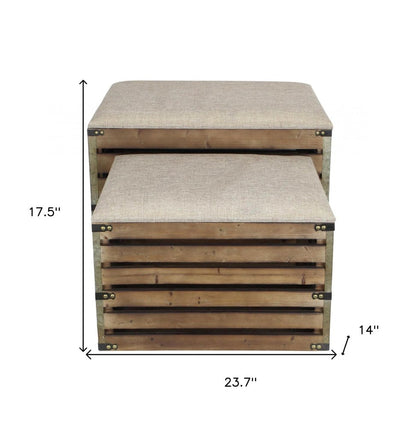 Set of Two 24" Brown Linen And Solid Wood Upholstered Storage Entryway Stool With Flip Top