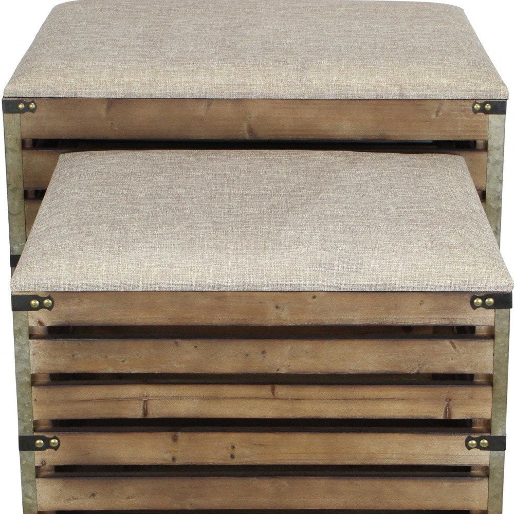 Set of Two 24" Brown Linen And Solid Wood Upholstered Storage Entryway Stool With Flip Top