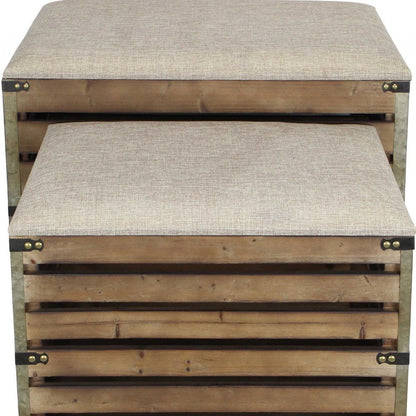 Set of Two 24" Brown Linen And Solid Wood Upholstered Storage Entryway Stool With Flip Top