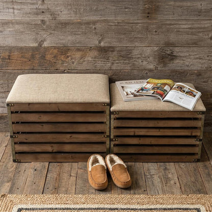 Set of Two Brown Wood Slat and Upholstery Storage Benches With Flip Top