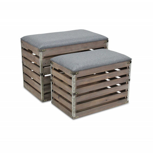 24" Gray and Brown Linen Upholstered Storage Bench with Flip Top