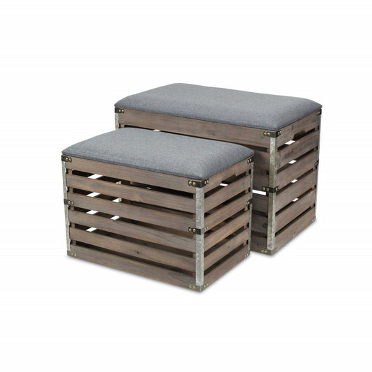Set of Two 24" Gray Linen Upholstered Storage Entryway Stool With Flip Top
