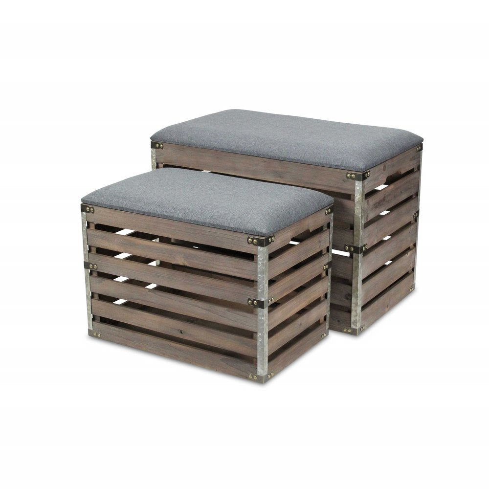 24" Gray And Brown Linen And Solid Wood Upholstered Storage Entryway Stool With Flip Top