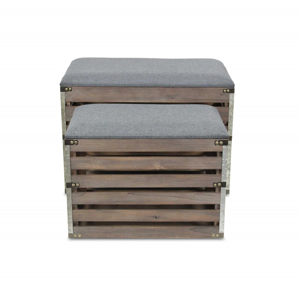 24" Gray And Brown Linen And Solid Wood Upholstered Storage Entryway Stool With Flip Top