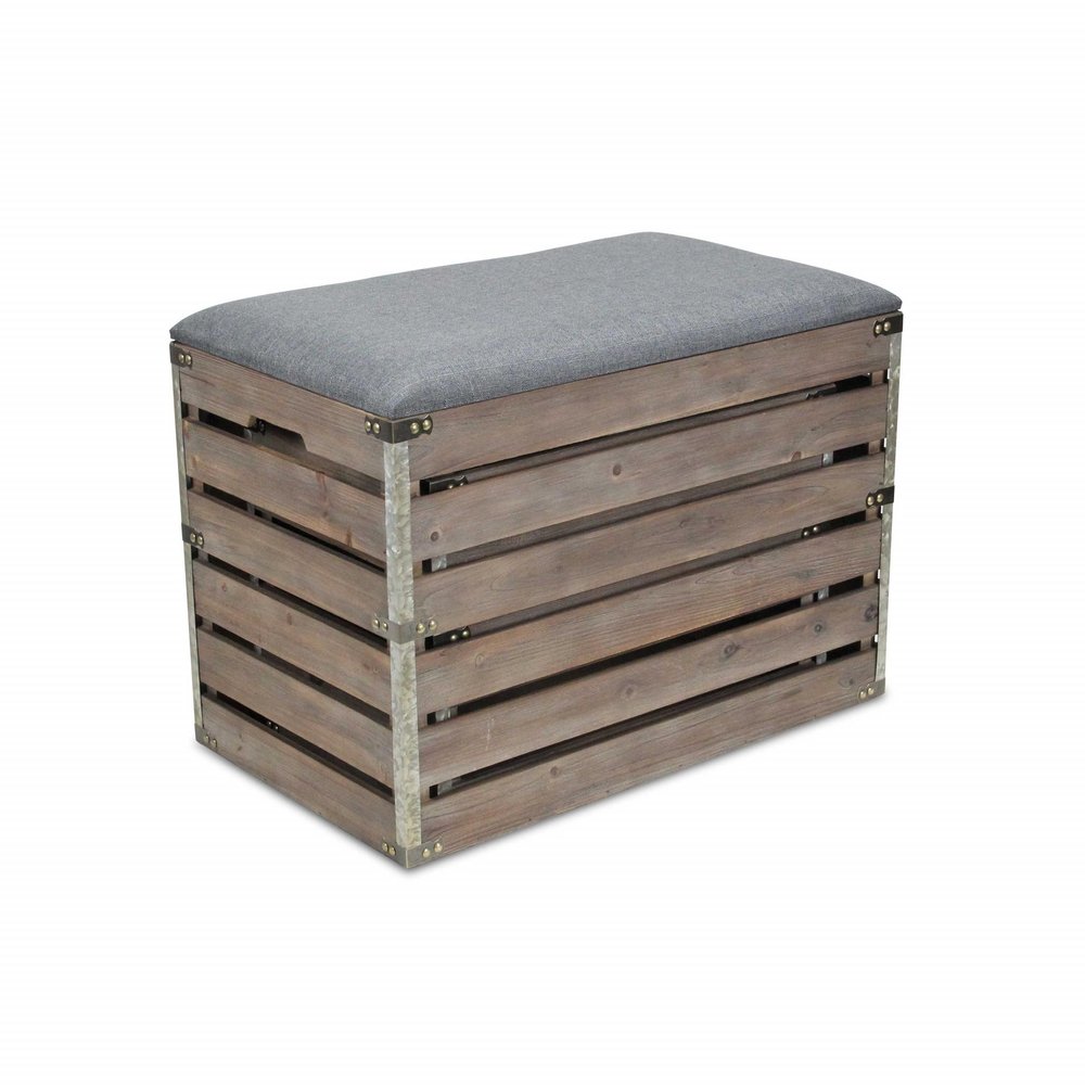 24" Gray And Brown Linen And Solid Wood Upholstered Storage Entryway Stool With Flip Top