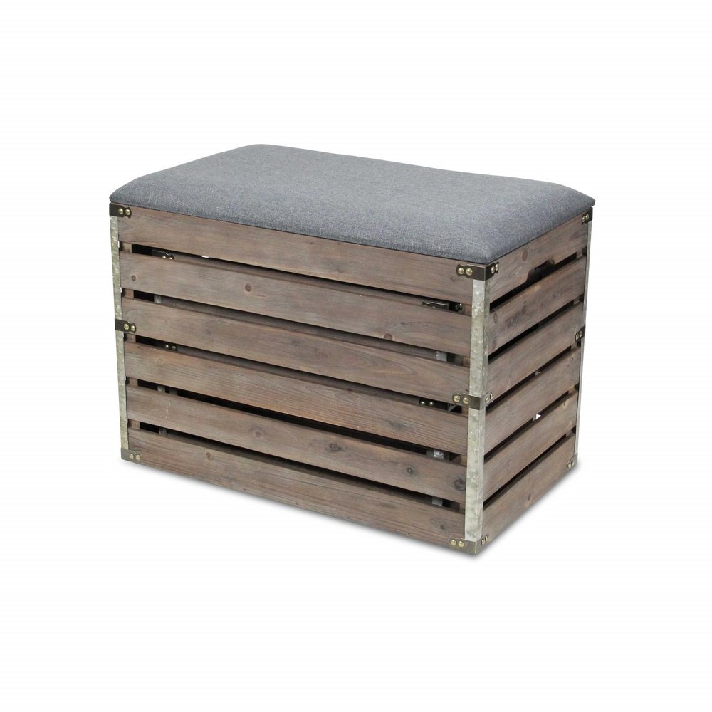 24" Gray And Brown Linen And Solid Wood Upholstered Storage Entryway Stool With Flip Top