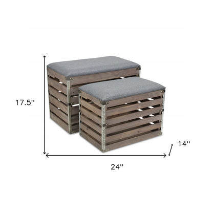 24" Gray And Brown Linen And Solid Wood Upholstered Storage Entryway Stool With Flip Top