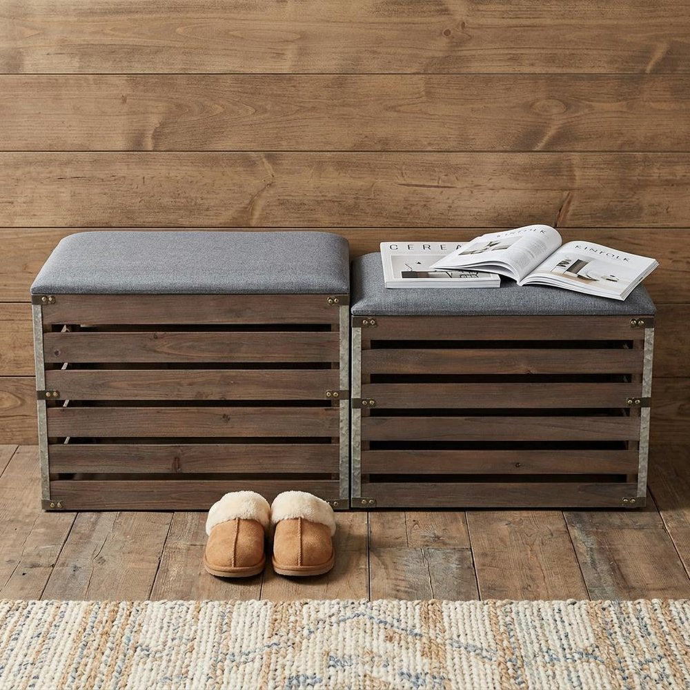 24" Gray And Brown Linen And Solid Wood Upholstered Storage Entryway Stool With Flip Top
