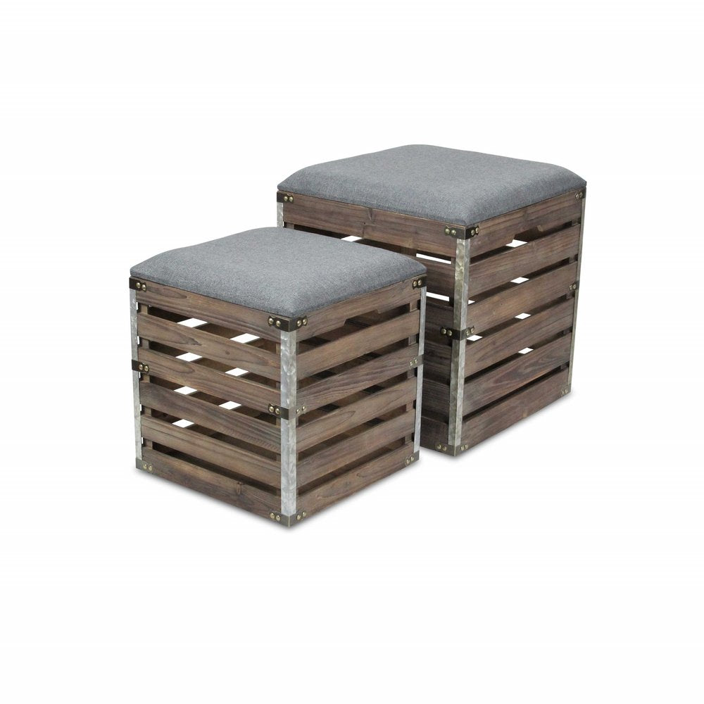 Set of Two 16" Gray Linen Upholstered Storage Entryway Stool With Flip Top