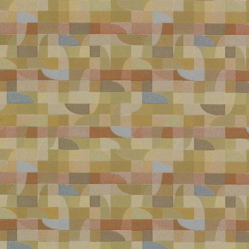 Geometric quilted upholstery fabric pattern with squares and curved shapes in warm yellows, olive, tan and light blue.
