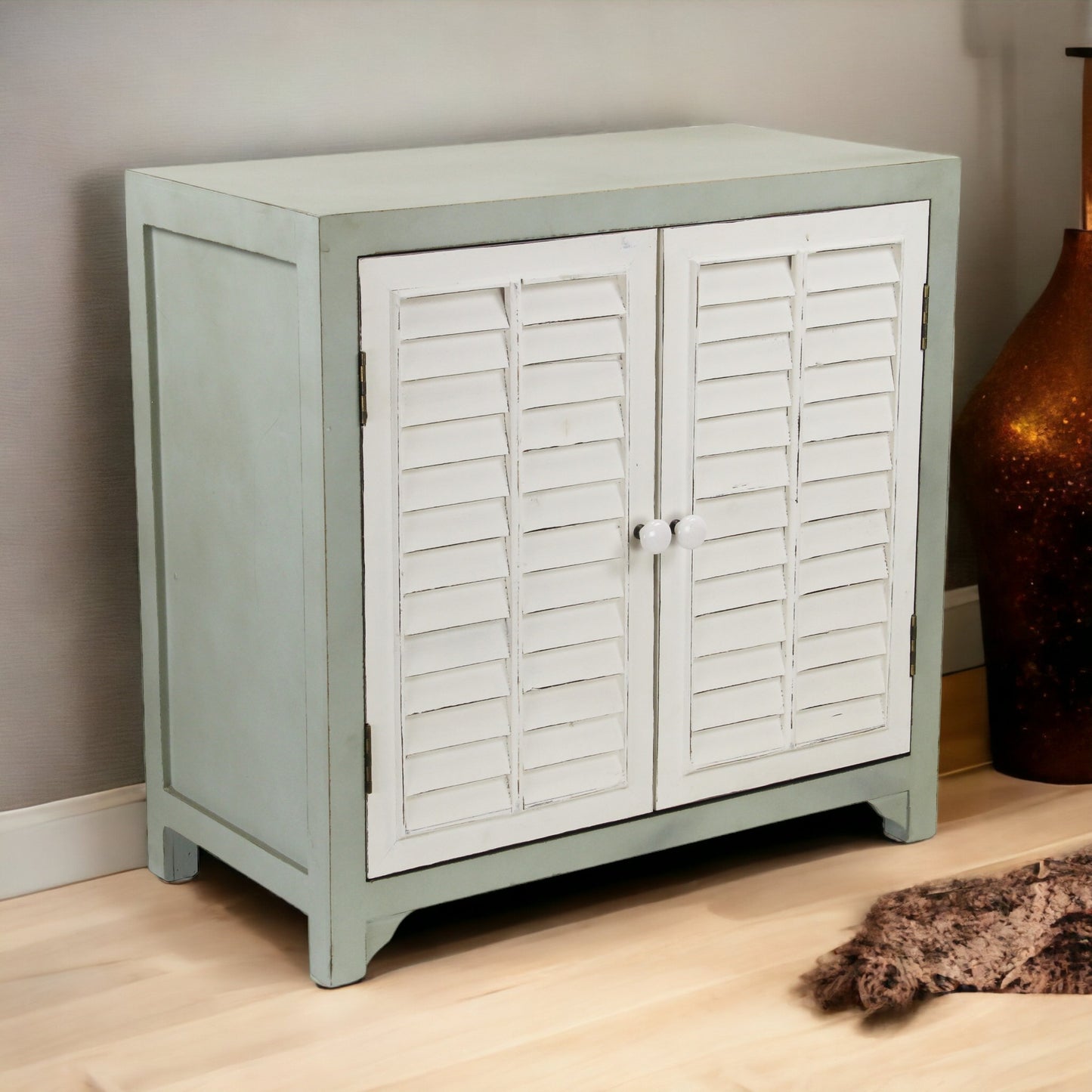 Sea Salt Blue And White Shutter Accent Cabinet