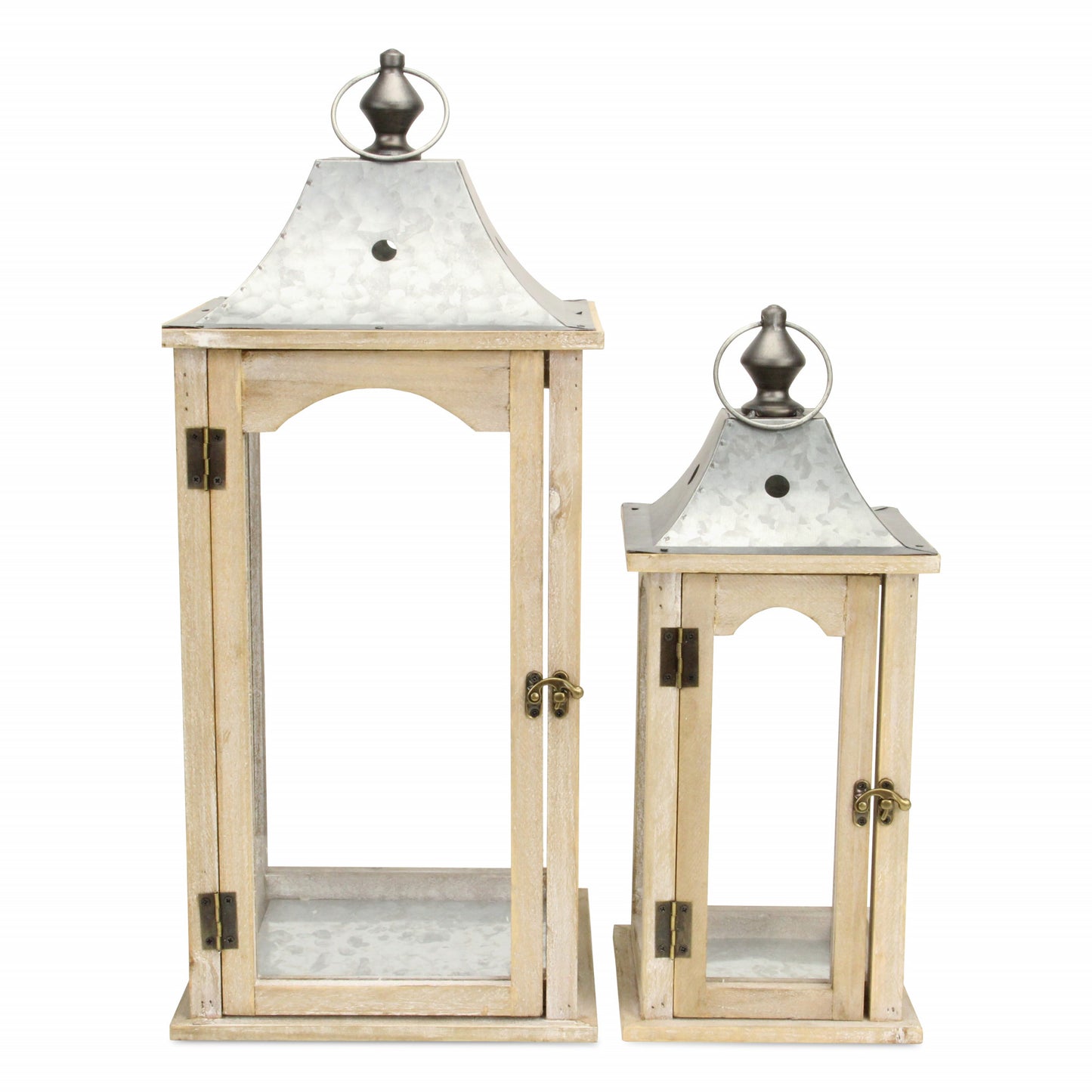 Set Of 2 Brown Wood Finished Frame Glass And Metal Top Lanterns