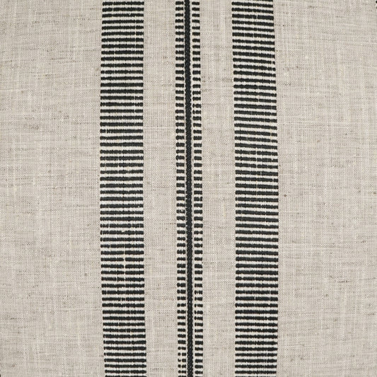 Beige linen fabric with three narrow vertical black stripe patterns; minimalist textile for home decor.