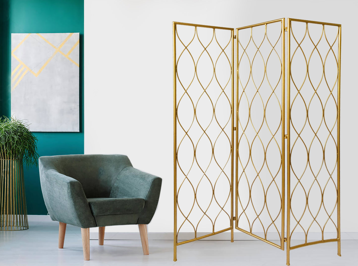 Golden Scroll Three Panel Room Divider Screen