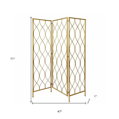 71" Gold Iron Folding Three Panel Screen Room Divider