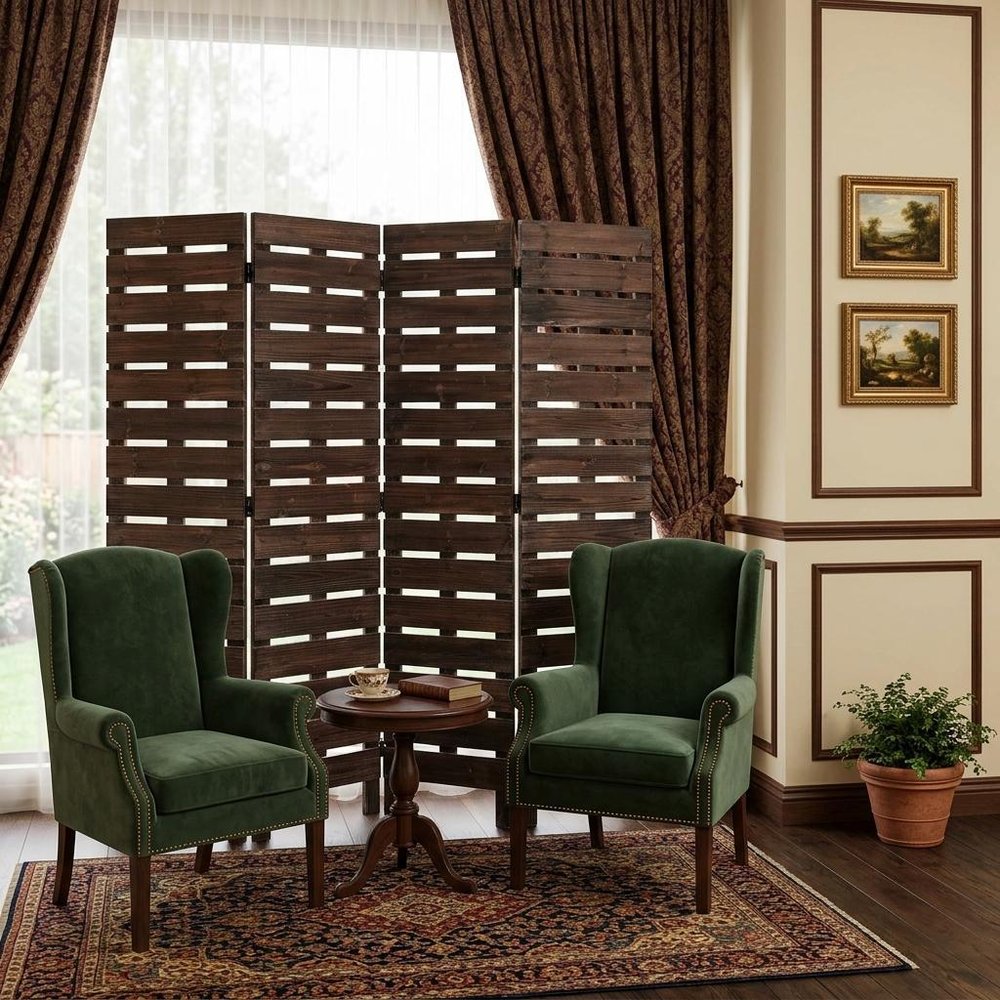 72" Brown Folding Four Panel Screen Room Divider