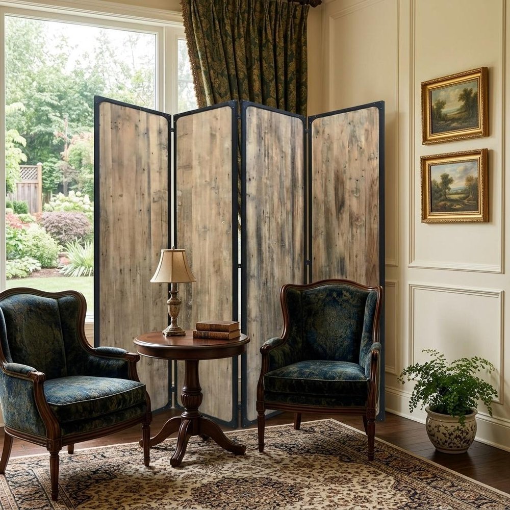 84" Brown Solid Wood Folding Four Panel Screen Room Divider