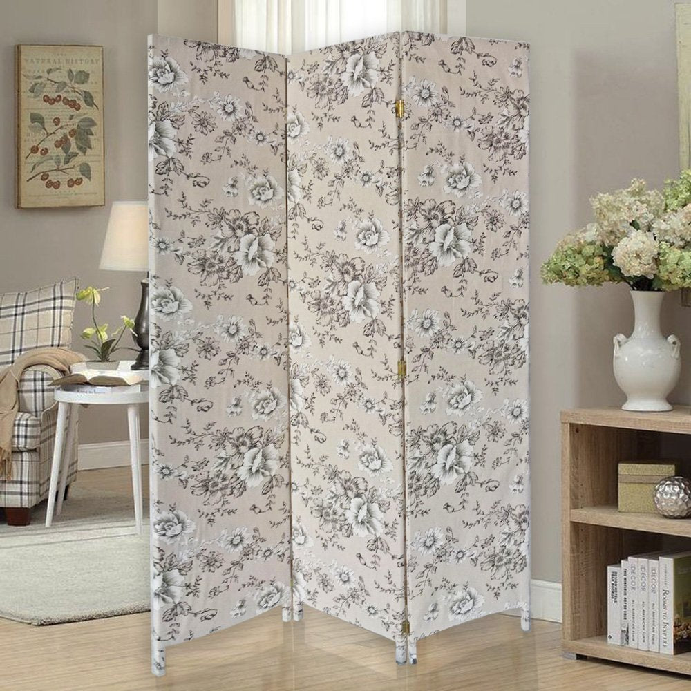 71" Beige and Black Fabric Folding Three Panel Screen Room Divider