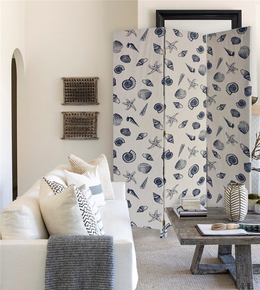 71" Blue and Beige Fabric Folding Three Panel Screen Room Divider