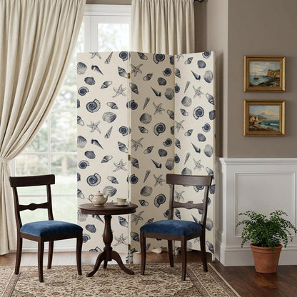 71" Blue and Beige Fabric Folding Three Panel Screen Room Divider