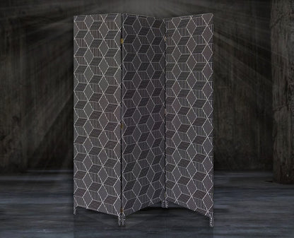 71" Black and White Fabric Folding Three Panel Screen Room Divider