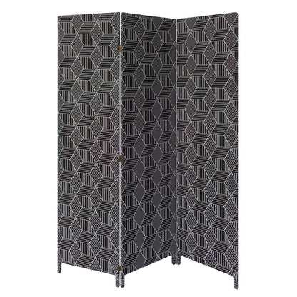 71" Black and White Fabric Folding Three Panel Screen Room Divider