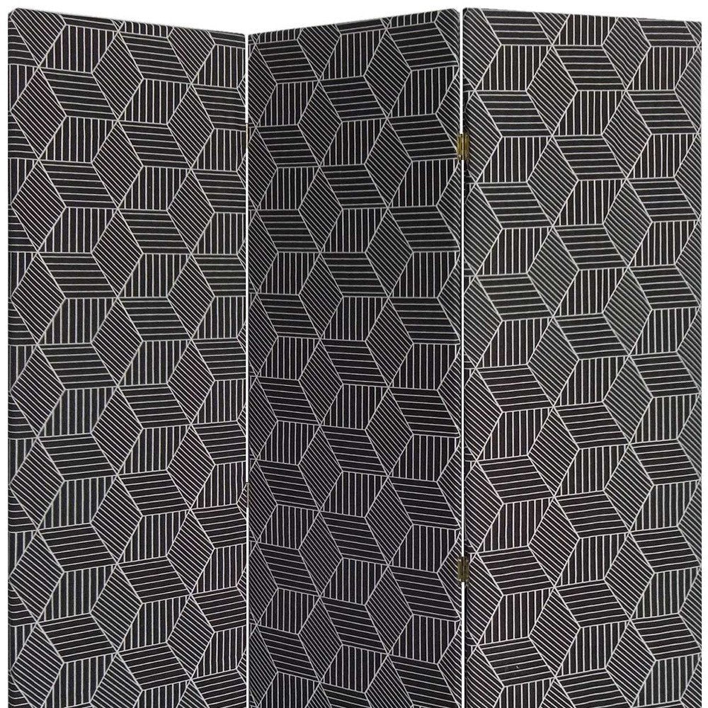 71" Black and White Fabric Folding Three Panel Screen Room Divider