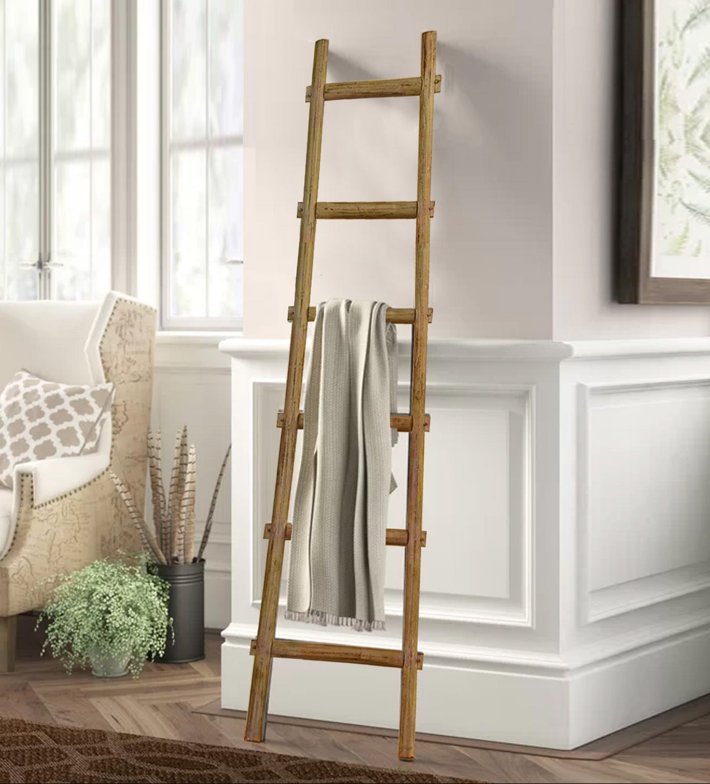 72" White Rustic Six Step Wood Ladder Shelf