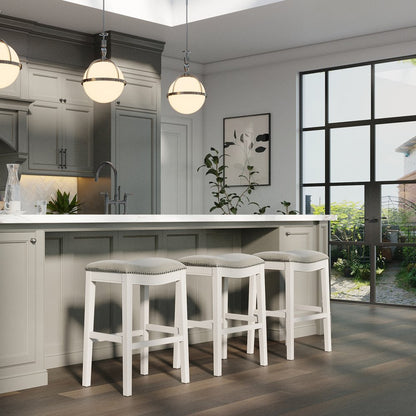 31" Light Gray And White Upholstered And Solid Wood Backless Bar Height Bar Chair