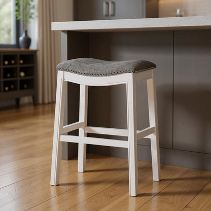 31" Light Gray And White Upholstered And Solid Wood Backless Bar Height Bar Chair