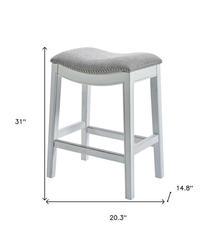 31" Light Gray And White Fabric And Solid Wood Backless Bar Height Bar Chair