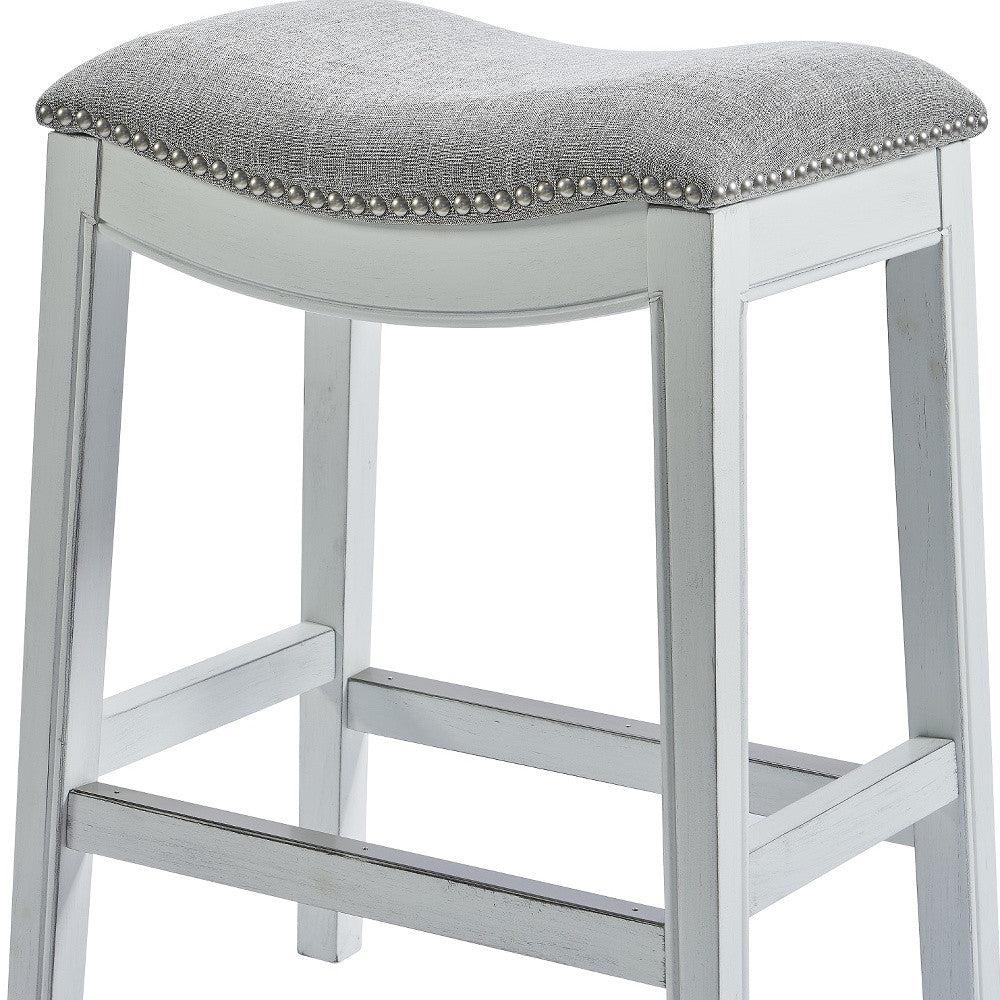 " Light Gray And White Upholstered And Solid Wood Backless Bar Height Bar Chair