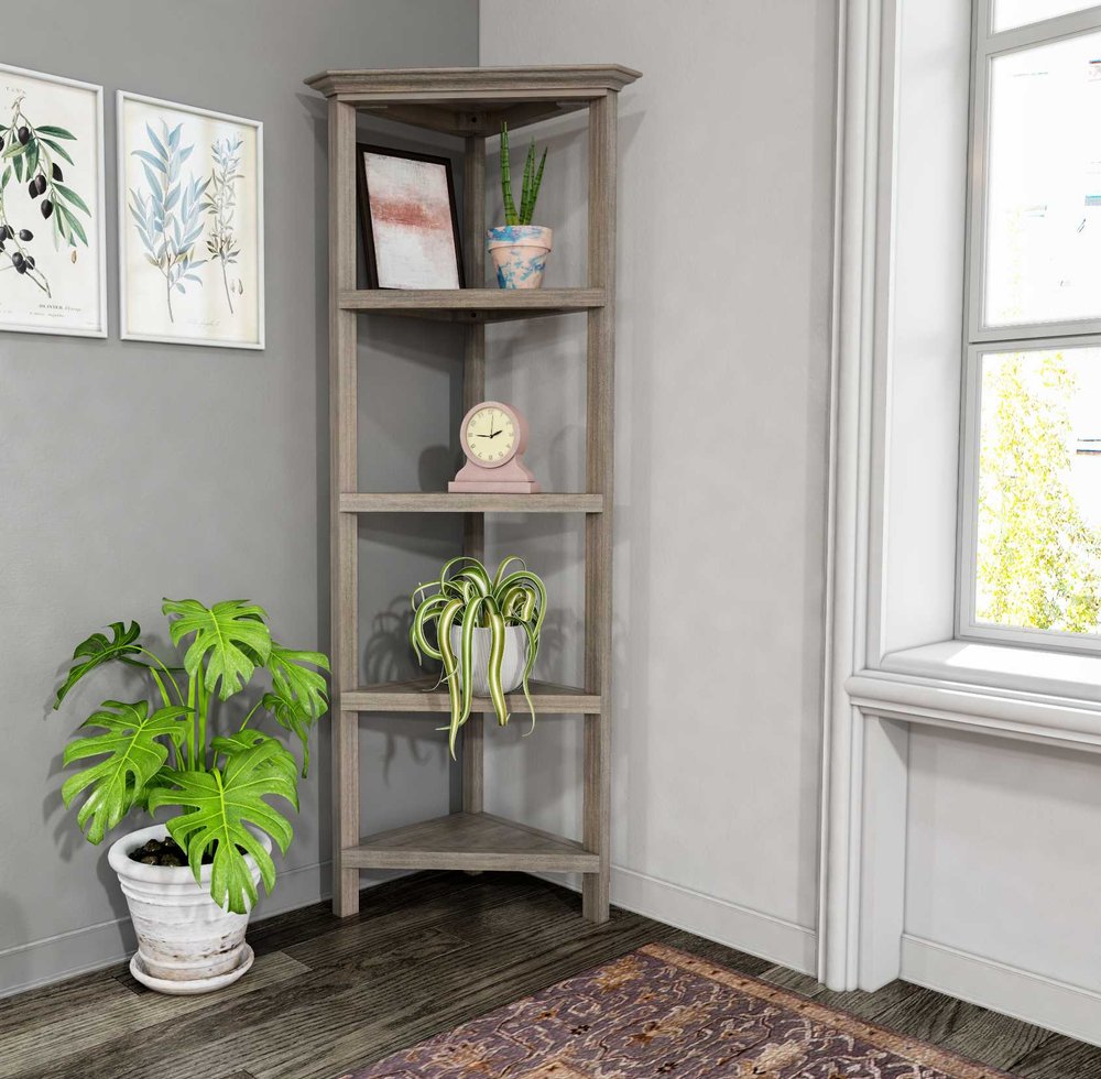 Gray Solid Wood Corner Bookcase