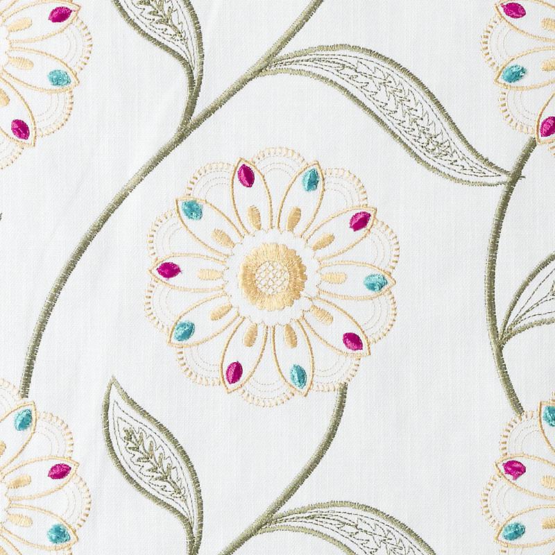Yellow/sage upholstery fabric with an embroidered floral motif: gold-toned circular flowers, teal & magenta petals, and green vines and leaves.