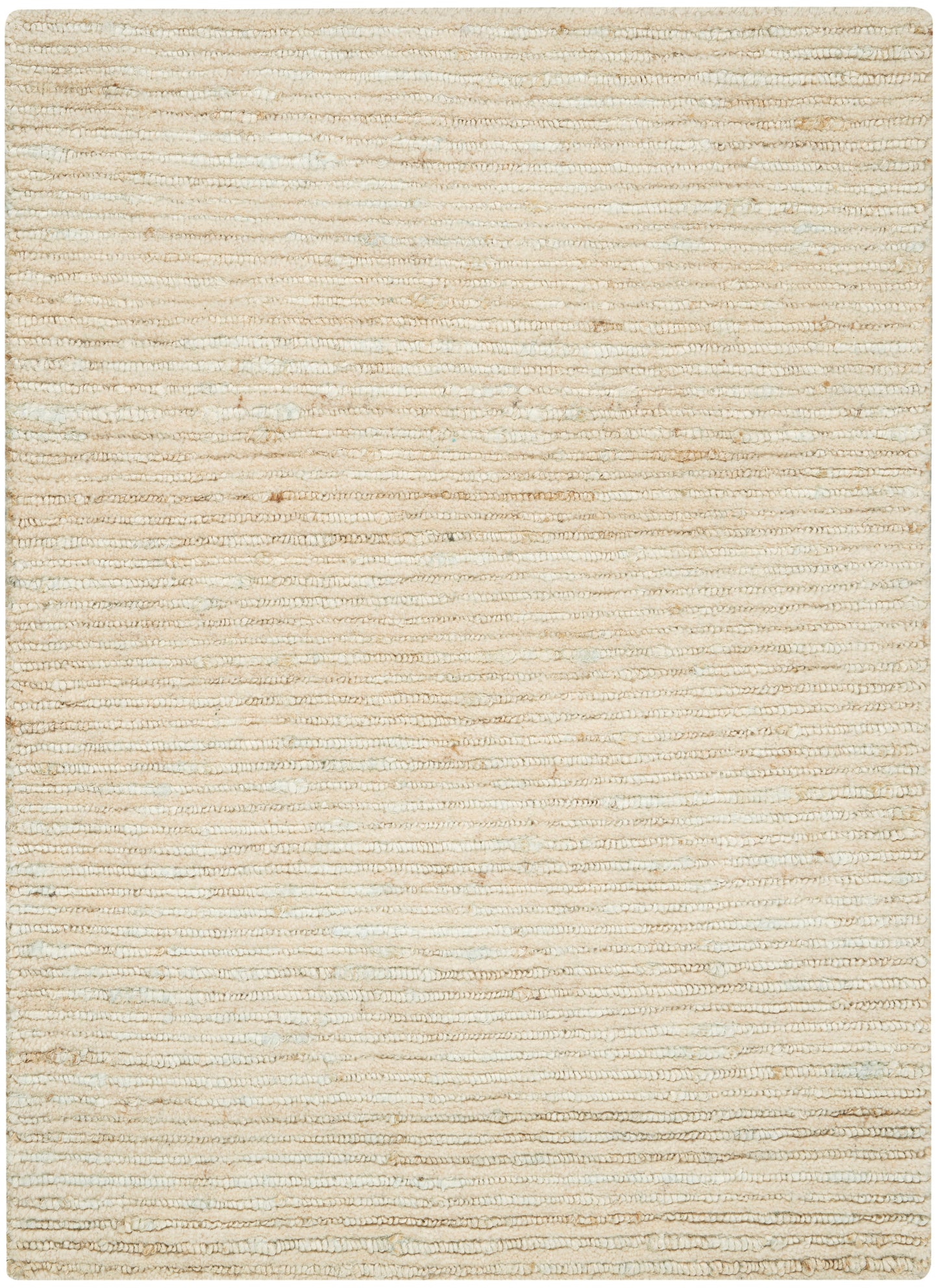 Beige textured loop-pile rug with subtle cream and tan horizontal stripes, neutral rectangular accent for living spaces.