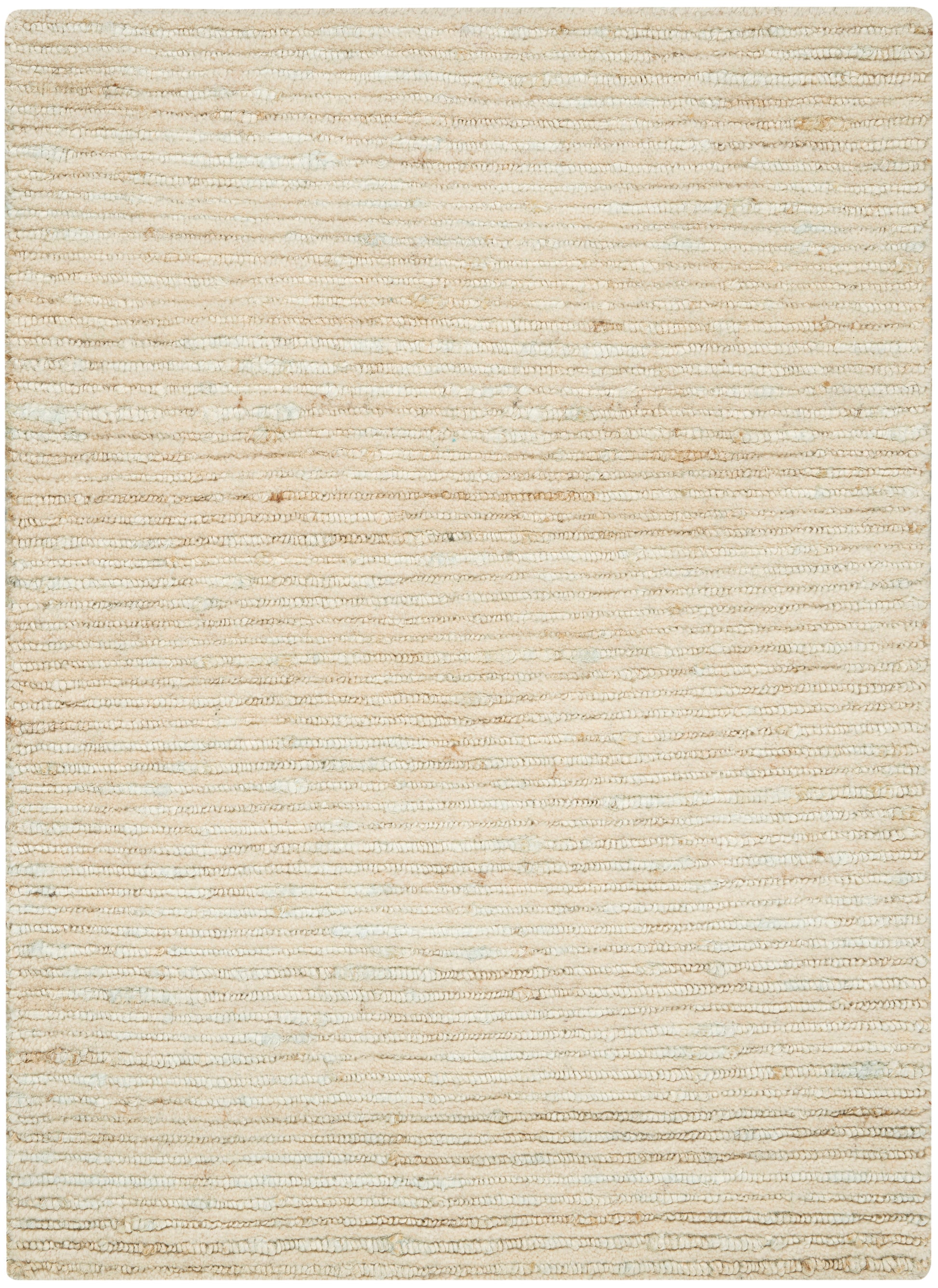 Beige textured loop-pile rug with subtle cream and tan horizontal stripes, neutral rectangular accent for living spaces.