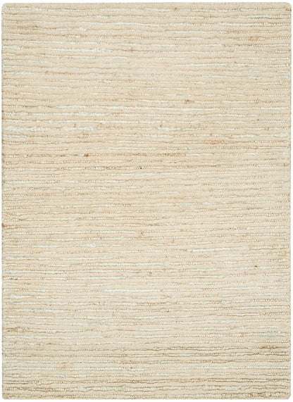 Beige textured loop-pile rug with subtle cream and tan horizontal stripes, neutral rectangular accent for living spaces.